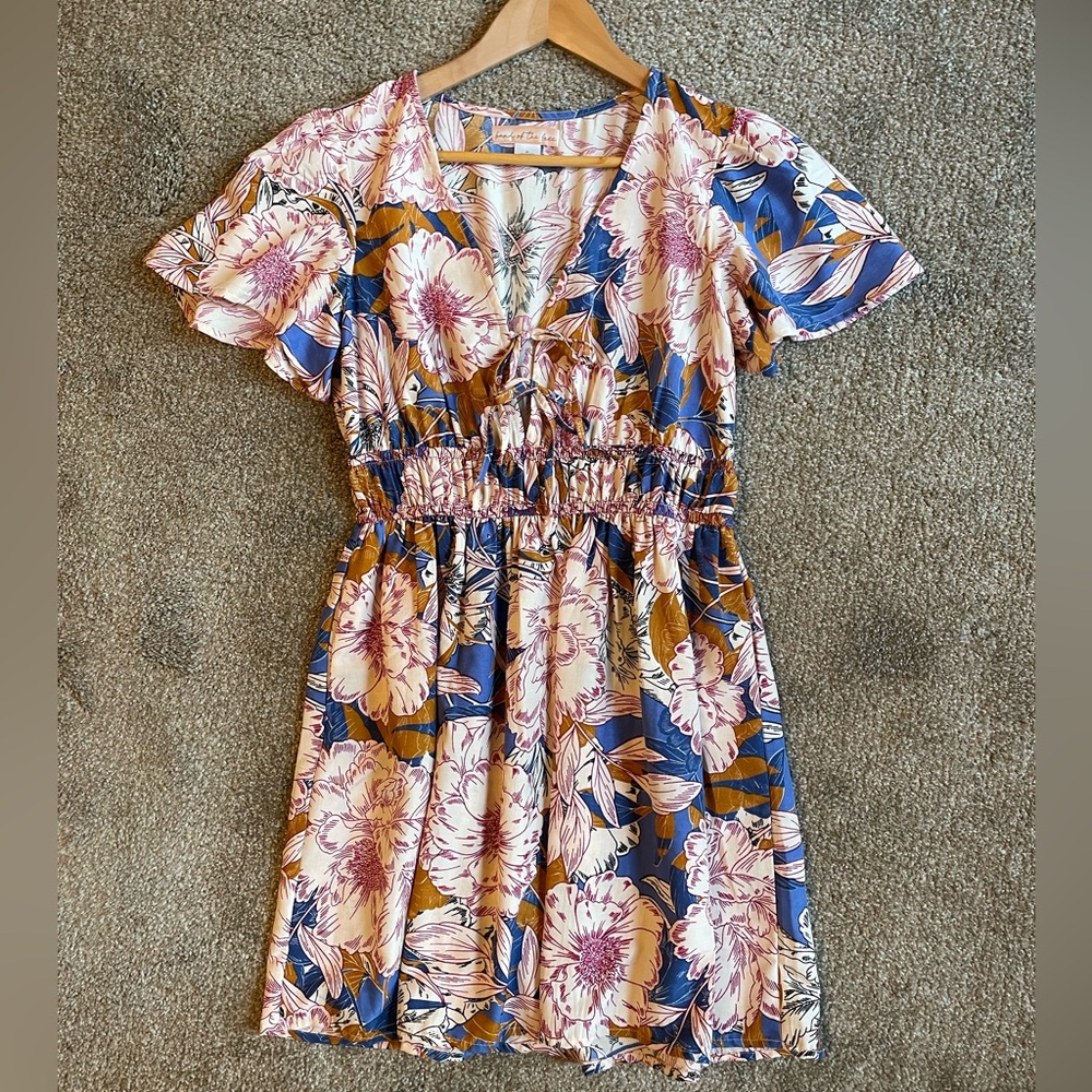 Band of The Free Floral Mini Dress in Blue and Pink Size M V Neck Smock waist